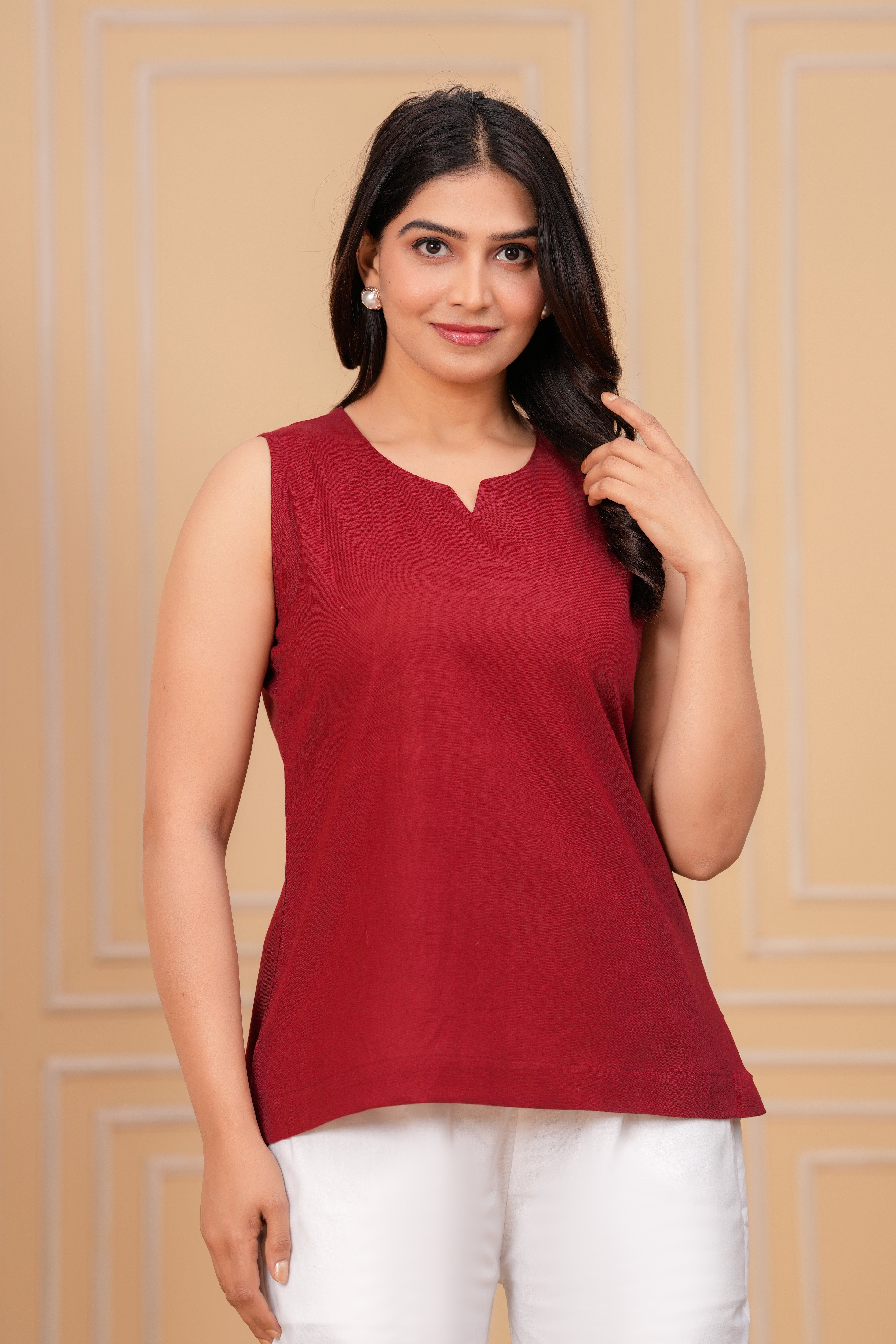 Linen Solid Sleeveless Short Kurta
